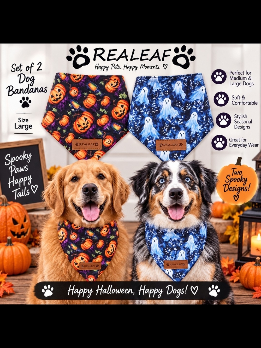 Halloween Dog Bandana Set - Pumpkin Orange & Ghost Blue (Large, 2-Pack)